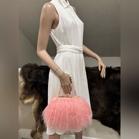 Pink Real Mongolian Lamb Fur Handmade Kisslock Wristlet/Shoulder Bag/Crossbody - Picture 5 of 16